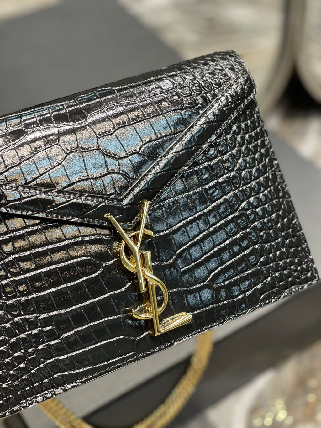 Saint Laurent Cassandra Medium Chain Bag In Grain De Poudre Embossed 22cm Black