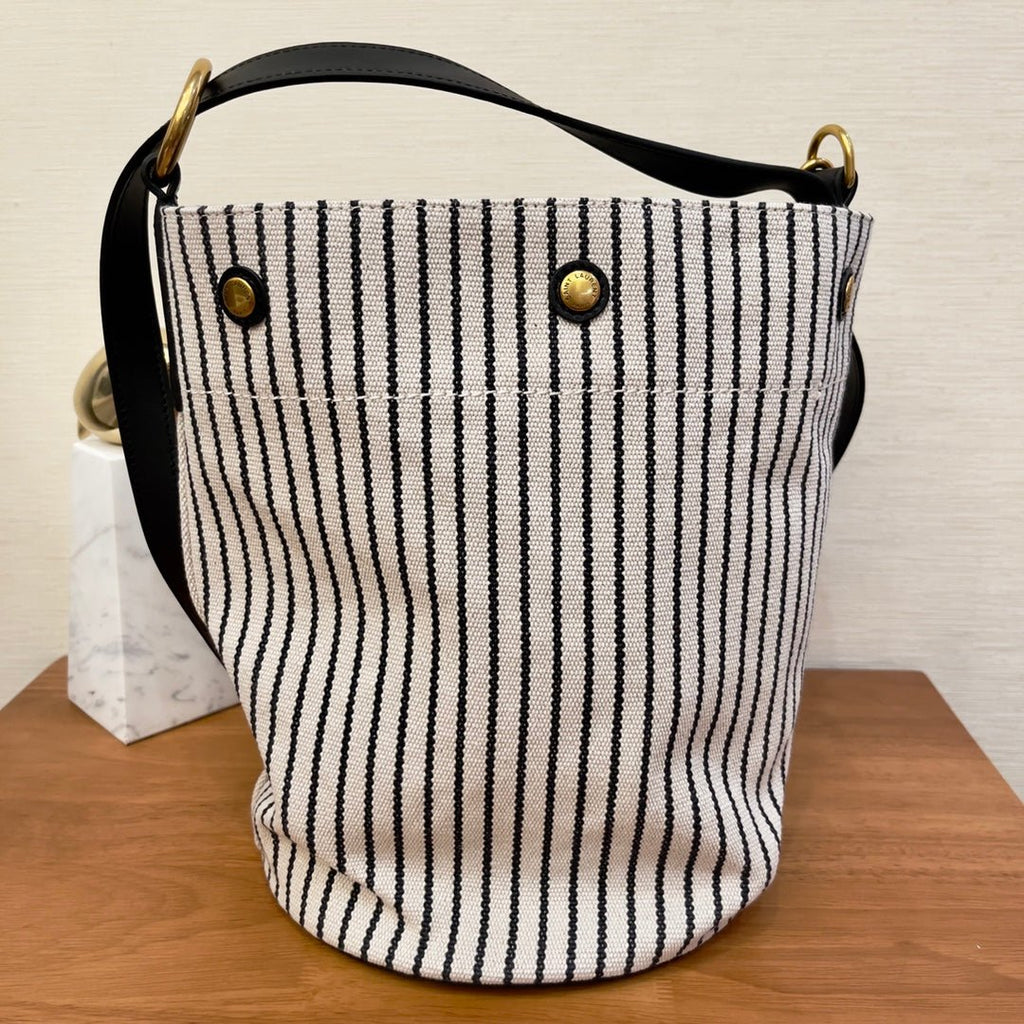 Saint Laurent Rive Gauche Bucket Bag In Striped Canvas For Women 30cm Black And White YSL 669299FAAE59583