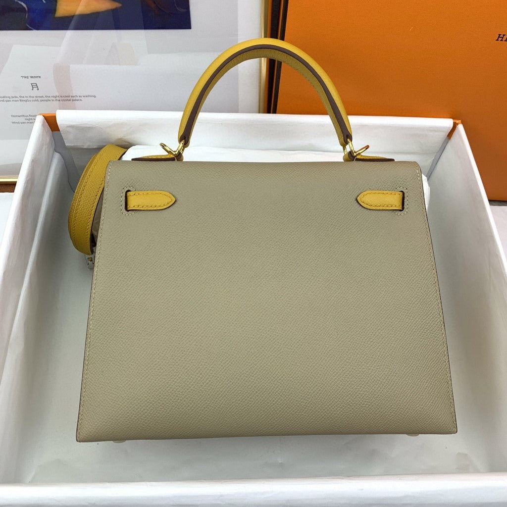 Hermes Kelly 25 Sellier Epsom Greige/Yellow Bag For Women, Women’s Handbags, Shoulder Bags 10in/25cm