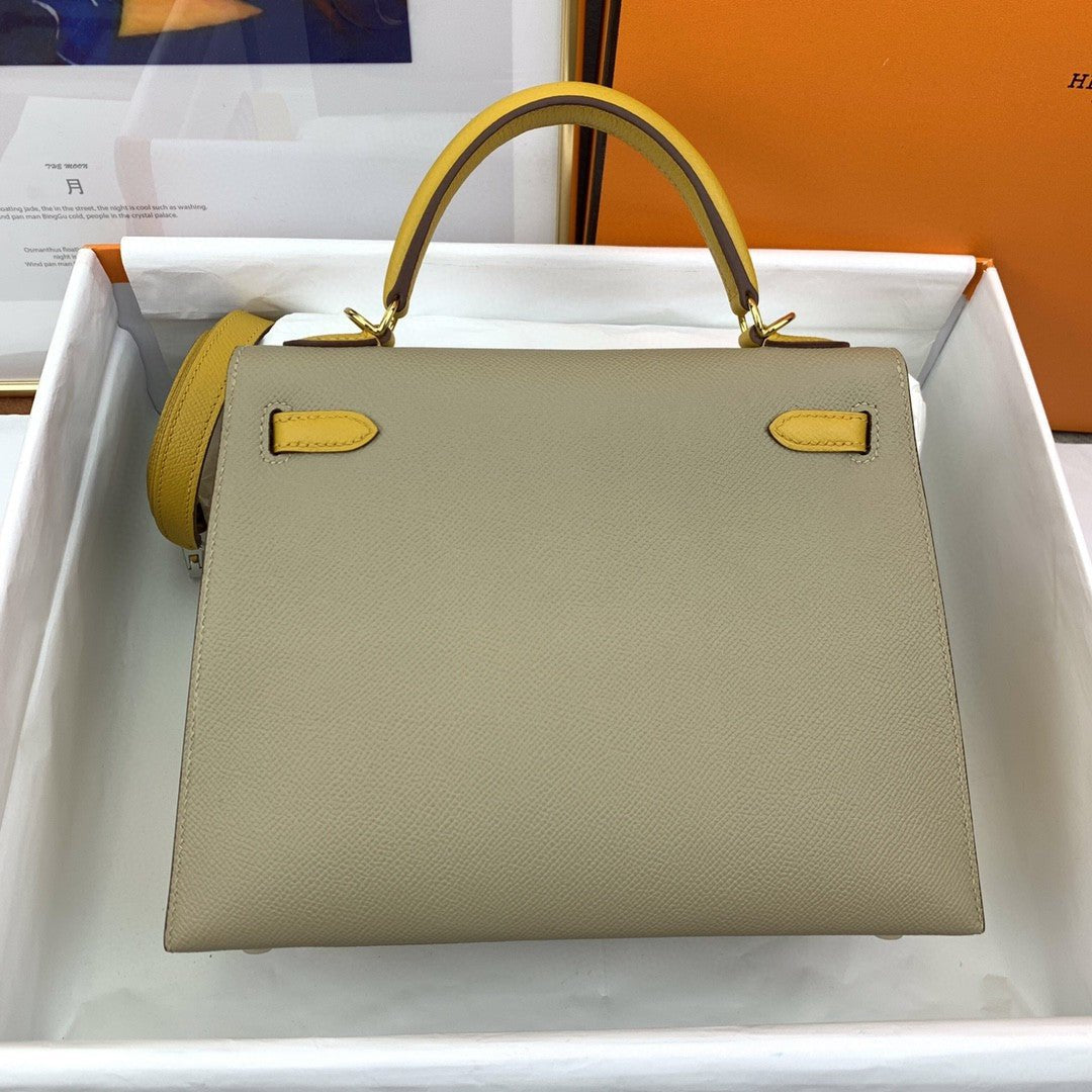 Hermes Kelly 25 Sellier Epsom Greige/Yellow Bag For Women, Women’s Handbags, Shoulder Bags 10in/25cm
