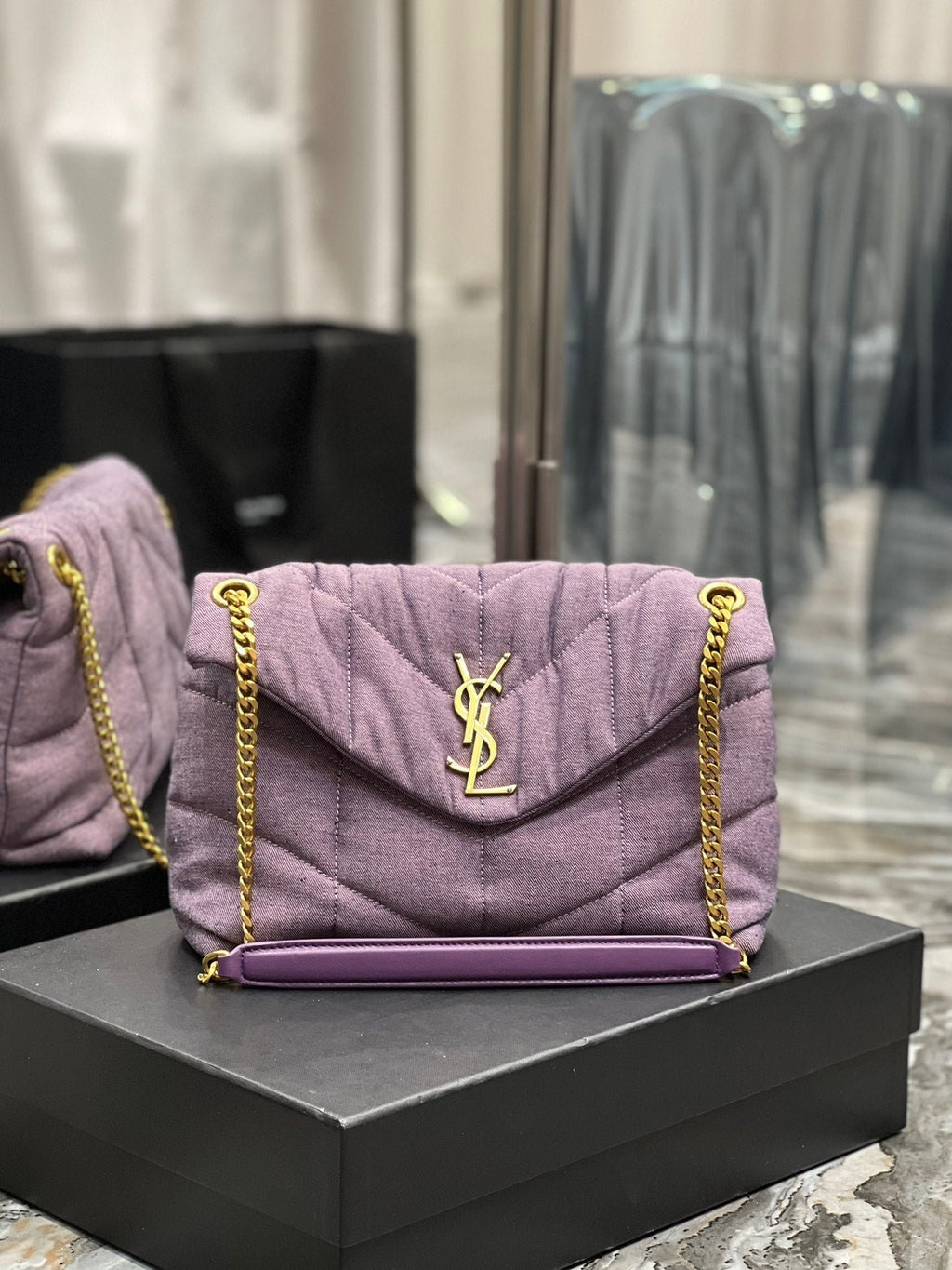 Saint Laurent Puffer Small Chain Bag In Denim 29cm