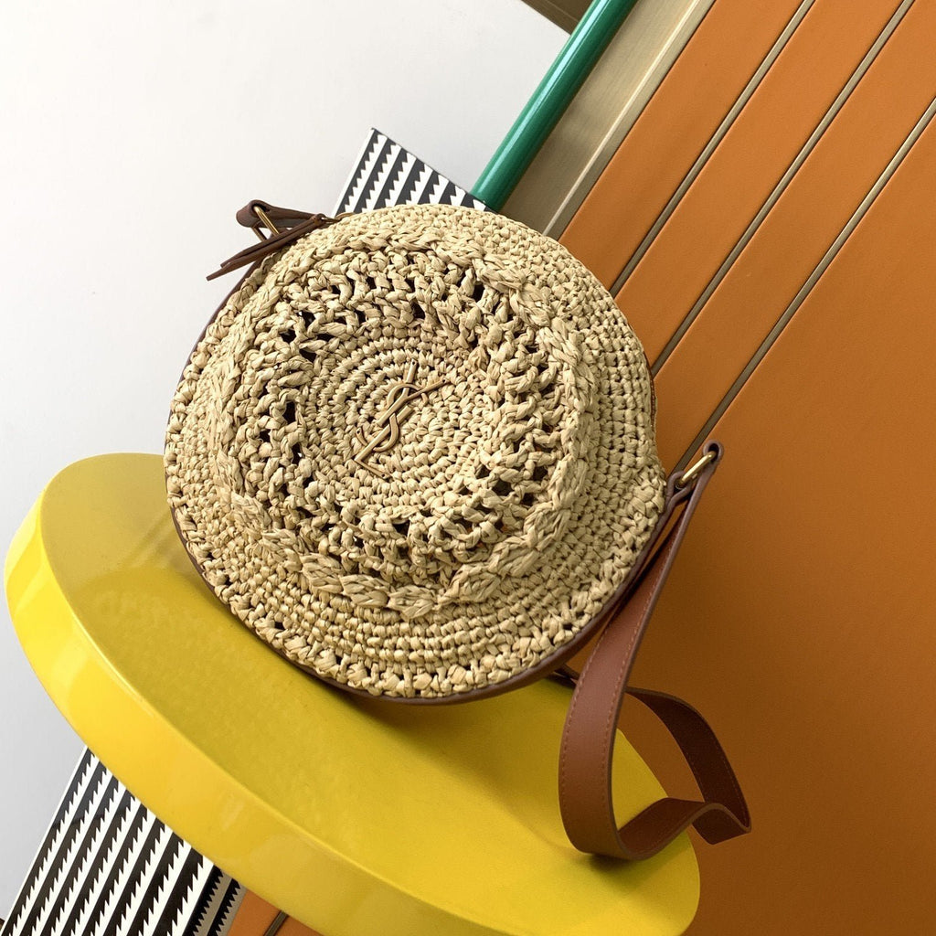 Saint Laurent Sac Rond Bag In Raffia For Women 21cm YSL Brown 685601GAAAA2080