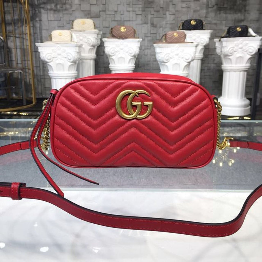 Gucci GG Marmont Small Matelassé Shoulder Bag Hibiscus Red Matelassé Chevron For Women 9.5in/24cm