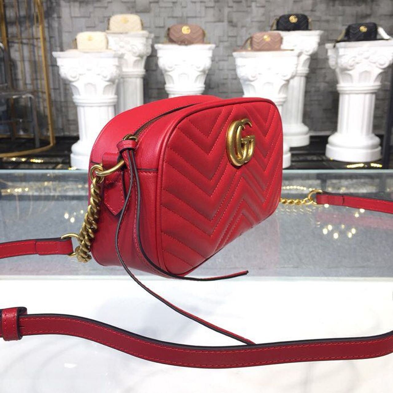 Gucci GG Marmont Small Matelassé Shoulder Bag Hibiscus Red Matelassé Chevron For Women 9.5in/24cm
