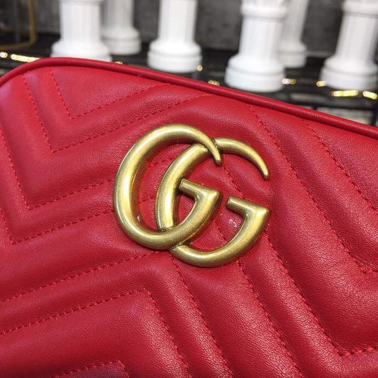 Gucci GG Marmont Small Matelassé Shoulder Bag Hibiscus Red Matelassé Chevron For Women 9.5in/24cm