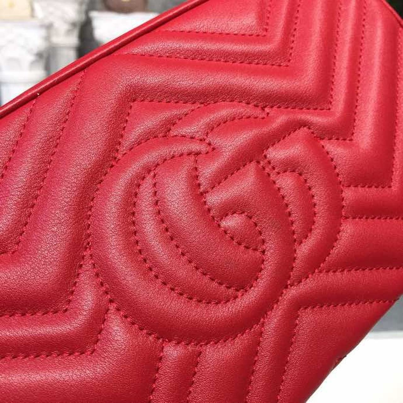 Gucci GG Marmont Small Matelassé Shoulder Bag Hibiscus Red Matelassé Chevron For Women 9.5in/24cm