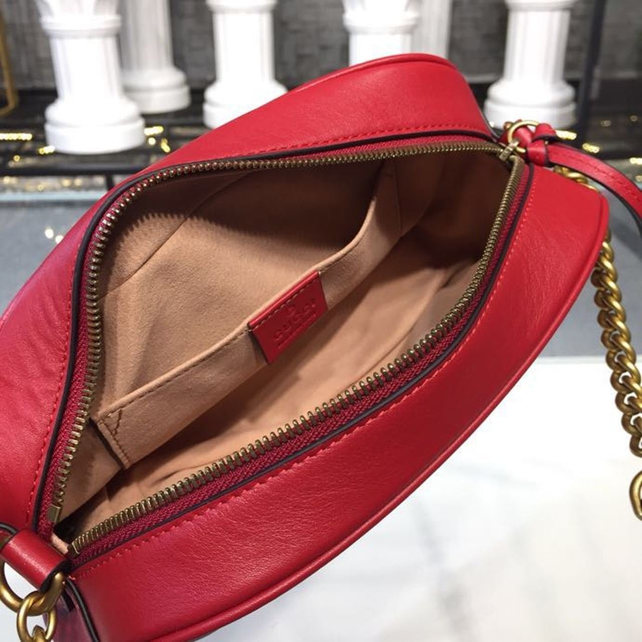 Gucci GG Marmont Small Matelassé Shoulder Bag Hibiscus Red Matelassé Chevron For Women 9.5in/24cm