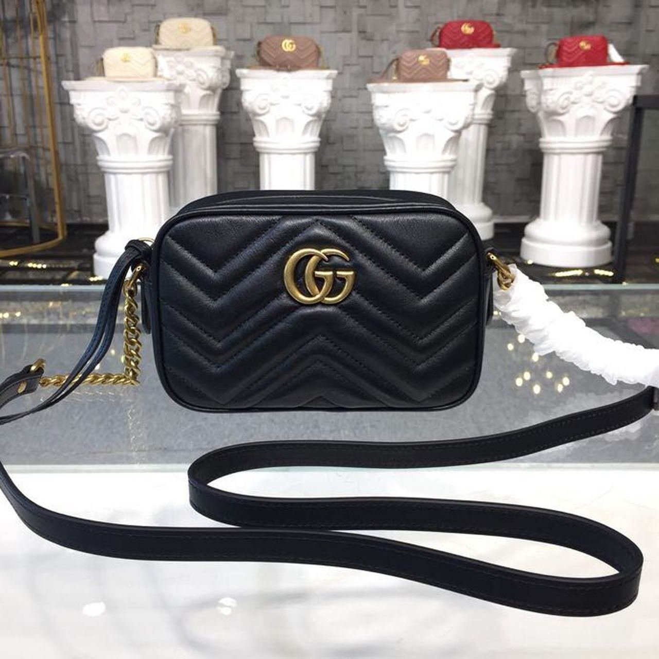 Gucci GG Marmont Matelassé Mini Bag Black Matelassé Chevron For Women 7in/18cm