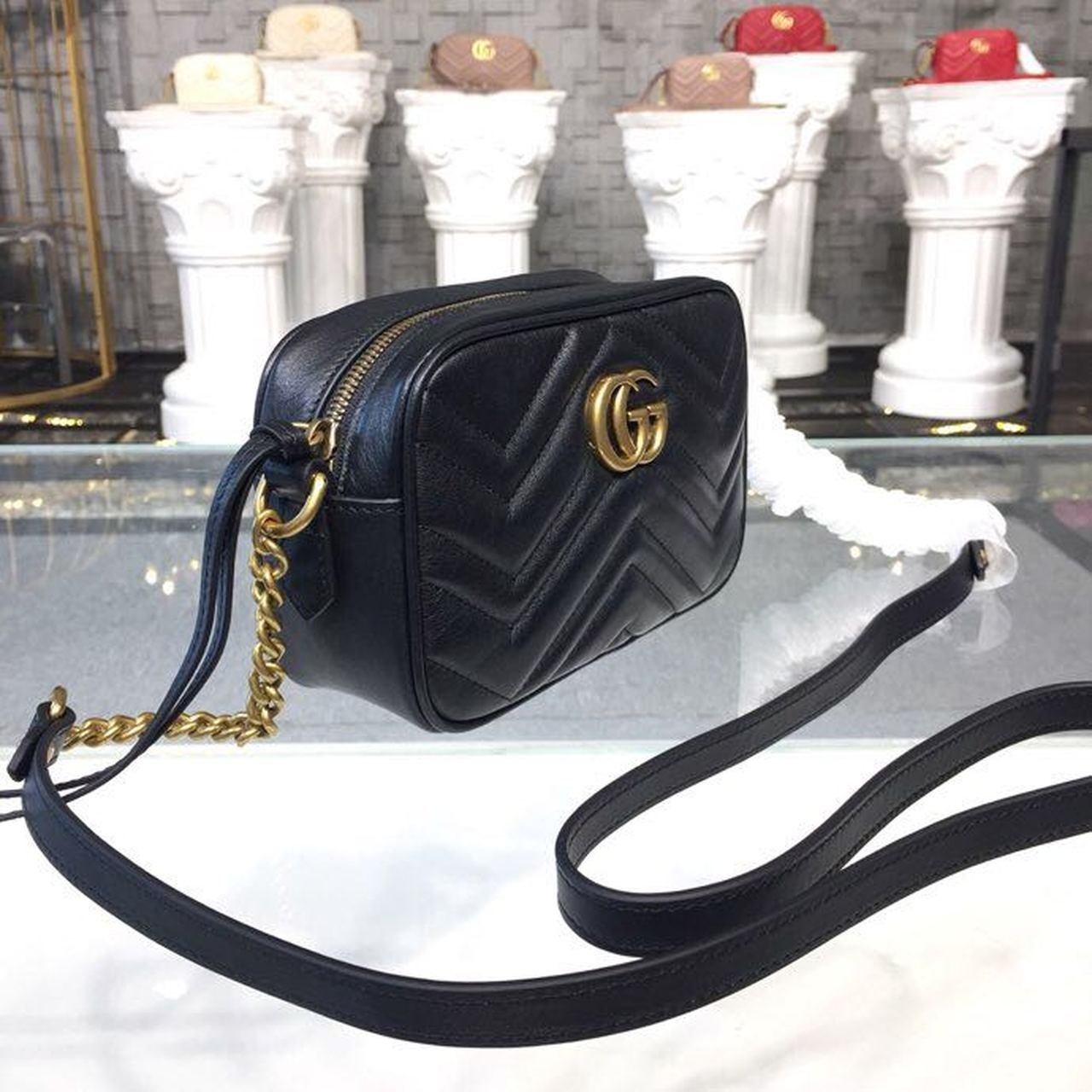 Gucci GG Marmont Matelassé Mini Bag Black Matelassé Chevron For Women 7in/18cm