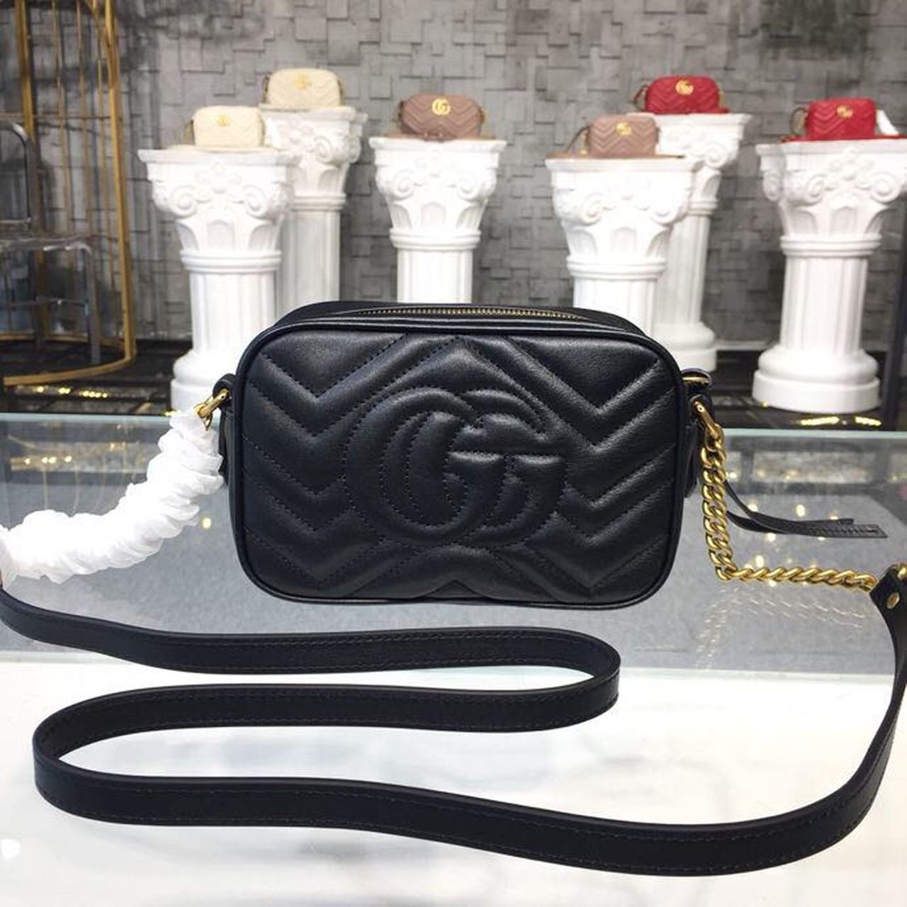 Gucci GG Marmont Matelassé Mini Bag Black Matelassé Chevron For Women 7in/18cm