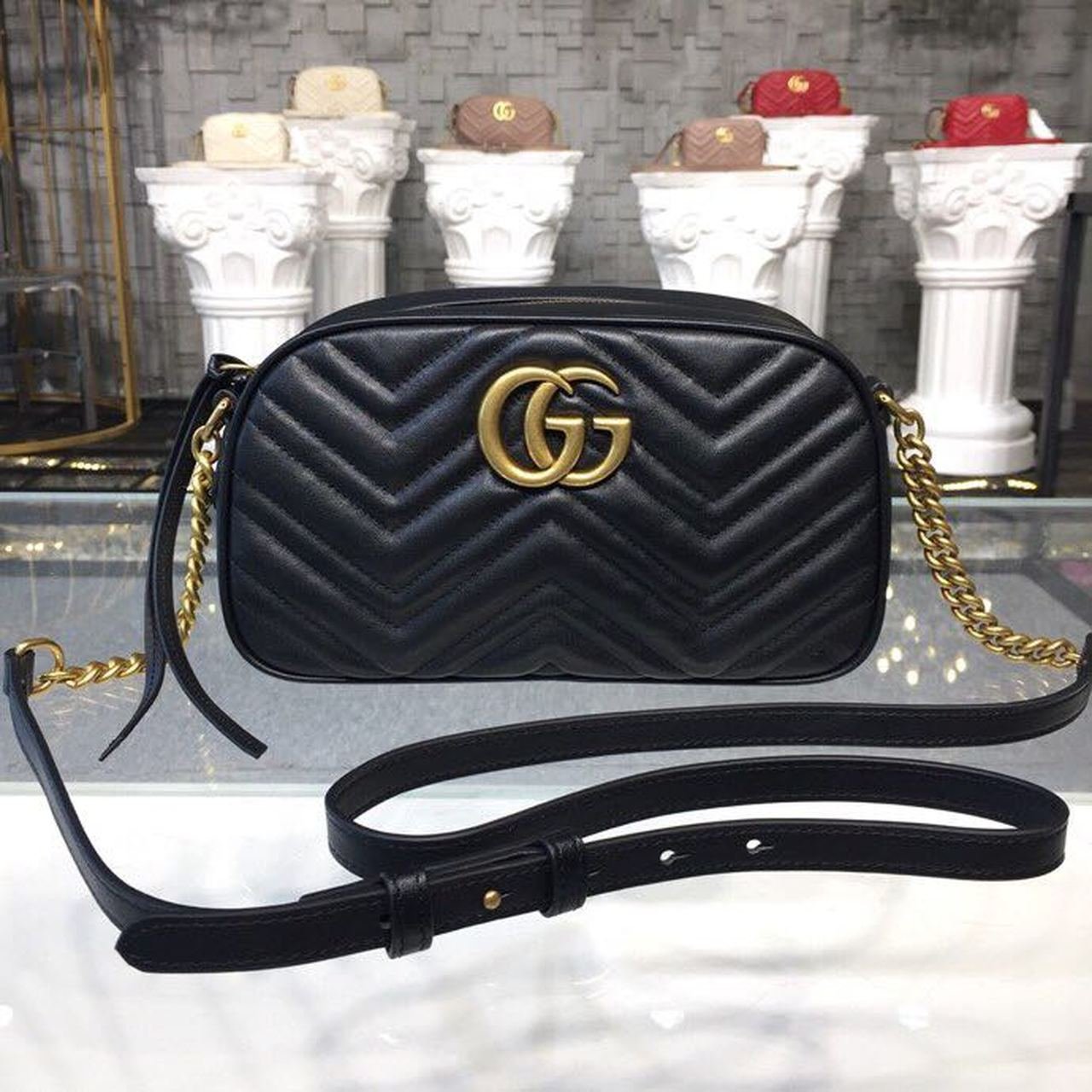 Marmont Small Camera Case Shoulder Bag 24cm ?447632 Matelass? Chevron Leather Spring/Summer Collection, Black