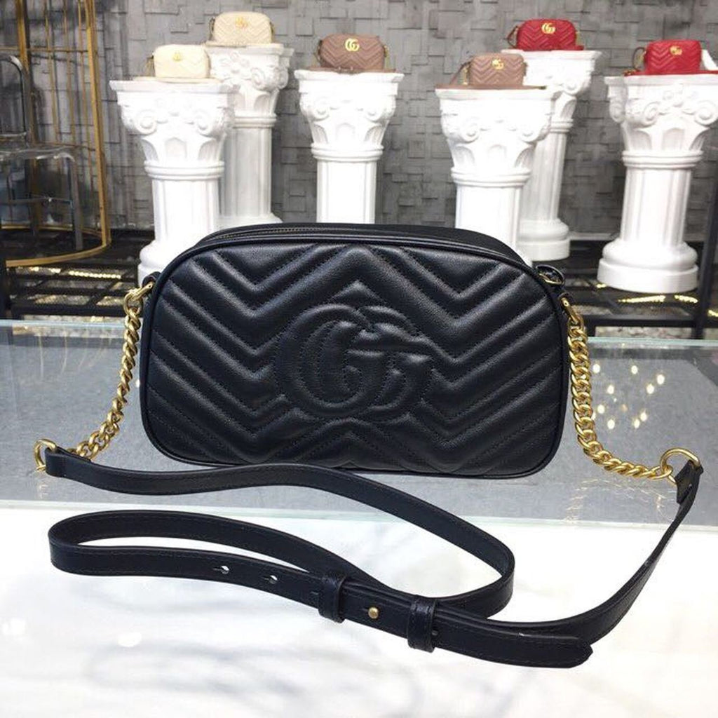 Marmont Small Camera Case Shoulder Bag 24cm ?447632 Matelass? Chevron Leather Spring/Summer Collection, Black