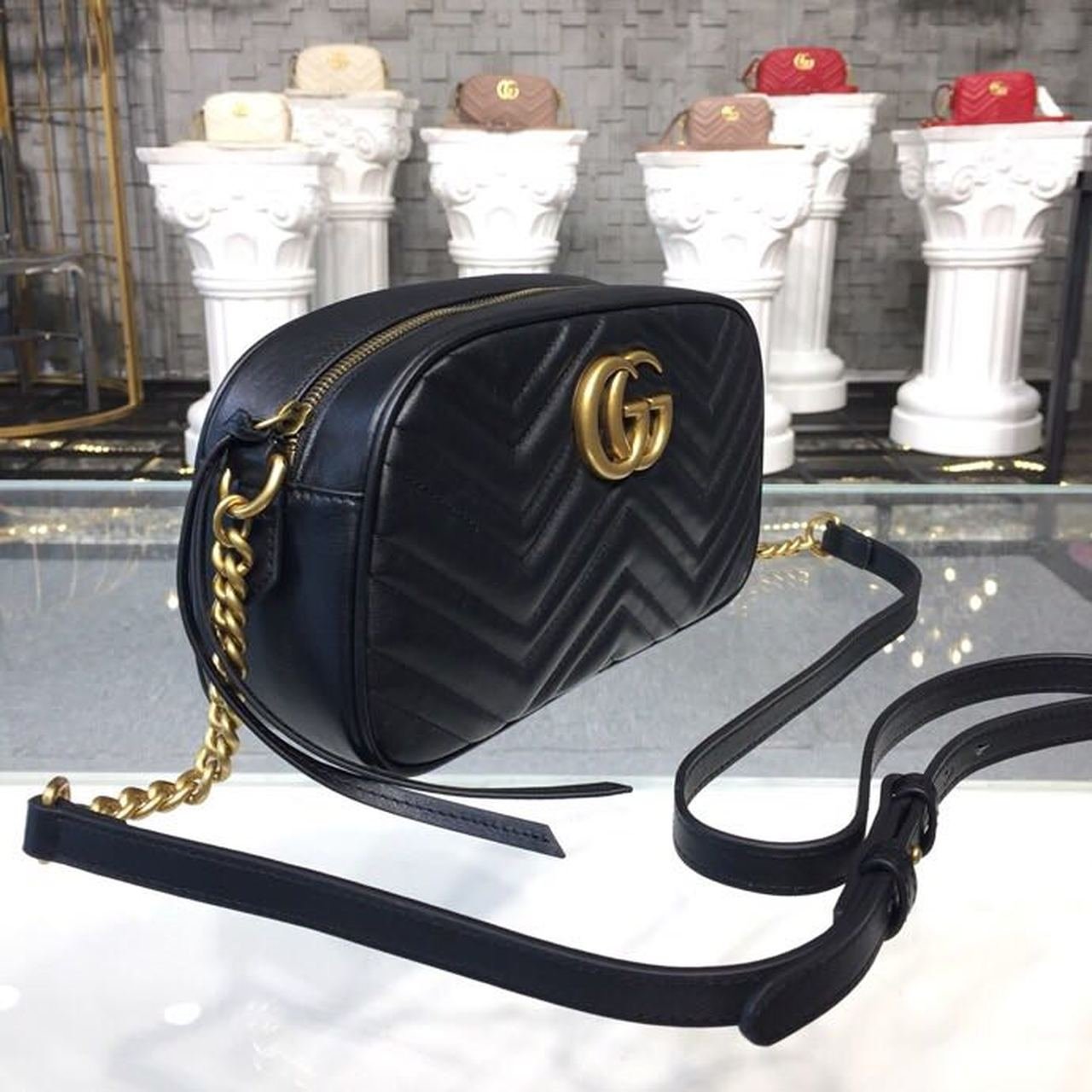 Marmont Small Camera Case Shoulder Bag 24cm ?447632 Matelass? Chevron Leather Spring/Summer Collection, Black