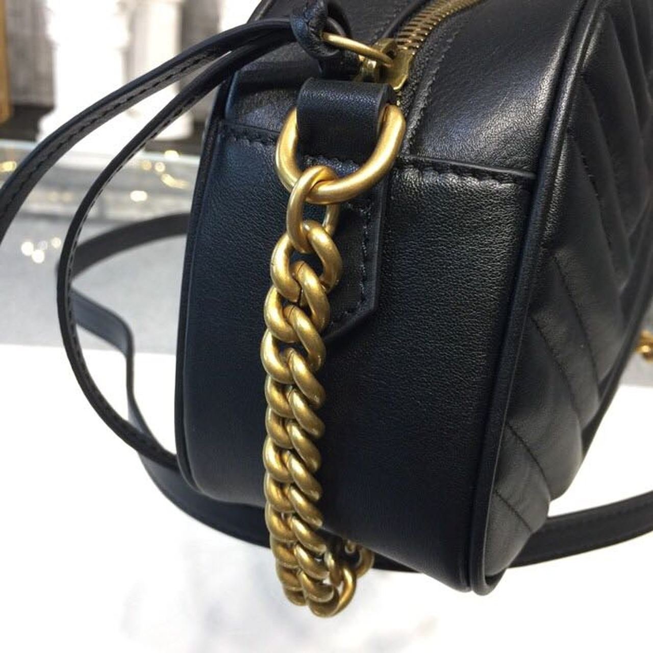 Marmont Small Camera Case Shoulder Bag 24cm ?447632 Matelass? Chevron Leather Spring/Summer Collection, Black