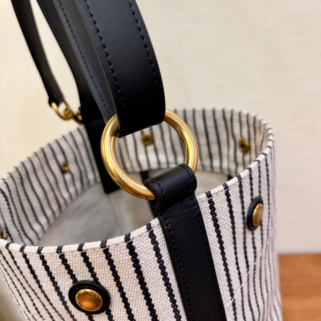 Saint Laurent Rive Gauche Bucket Bag In Striped Canvas For Women 30cm Black And White YSL 669299FAAE59583