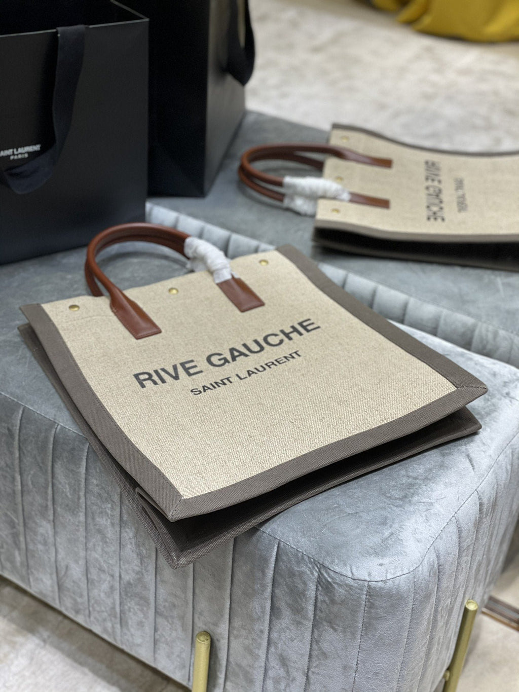 Saint Laurent Rive Gauche North/South Tote Bag In Printed Linen For Women 39cm YSL 632539FAABR9083