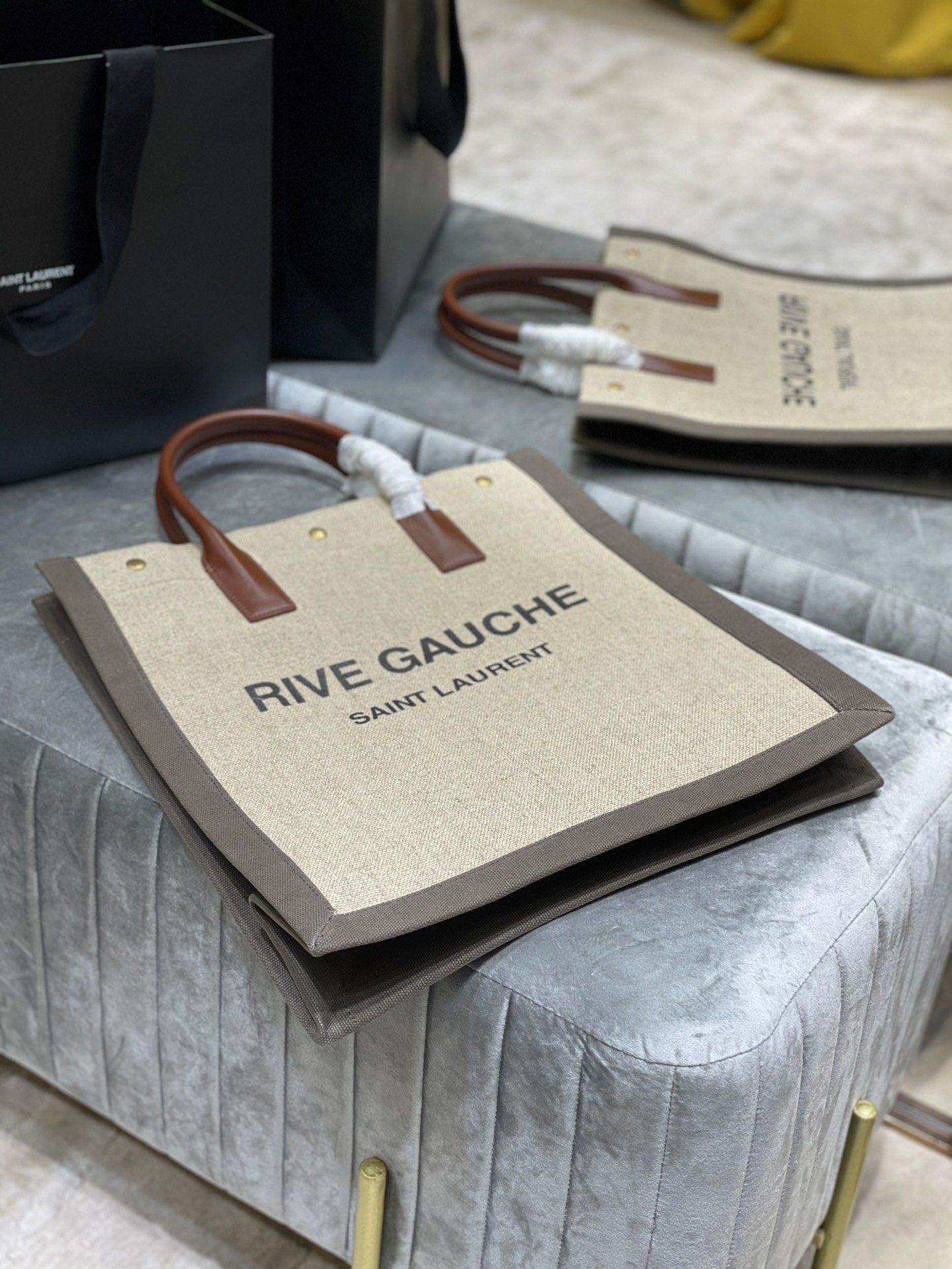 Saint Laurent Rive Gauche North/South Tote Bag In Printed Linen For Women 39cm YSL 632539FAABR9083