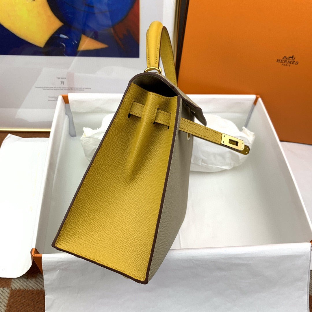 Hermes Kelly 25 Sellier Epsom Greige/Yellow Bag For Women, Women’s Handbags, Shoulder Bags 10in/25cm