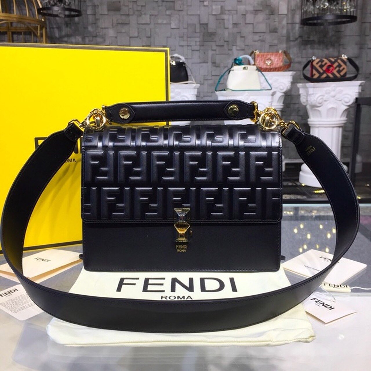 Fendi FF Embossed Kan I Bag 25cm Calfskin Leather Pre-Fall Collection, Black