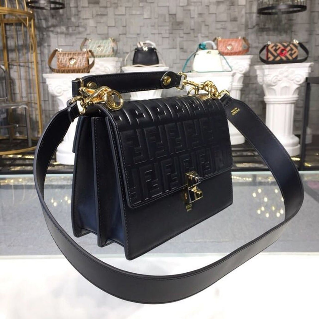 Fendi FF Embossed Kan I Bag 25cm Calfskin Leather Pre-Fall Collection, Black