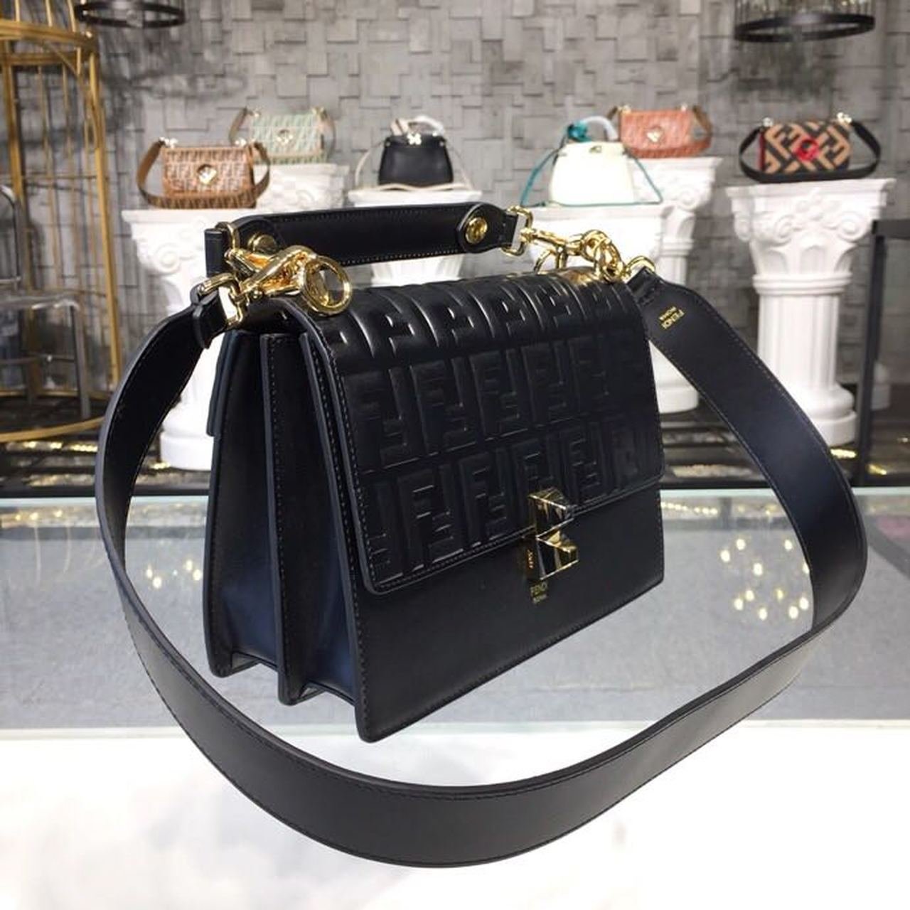 Fendi FF Embossed Kan I Bag 25cm Calfskin Leather Pre-Fall Collection, Black