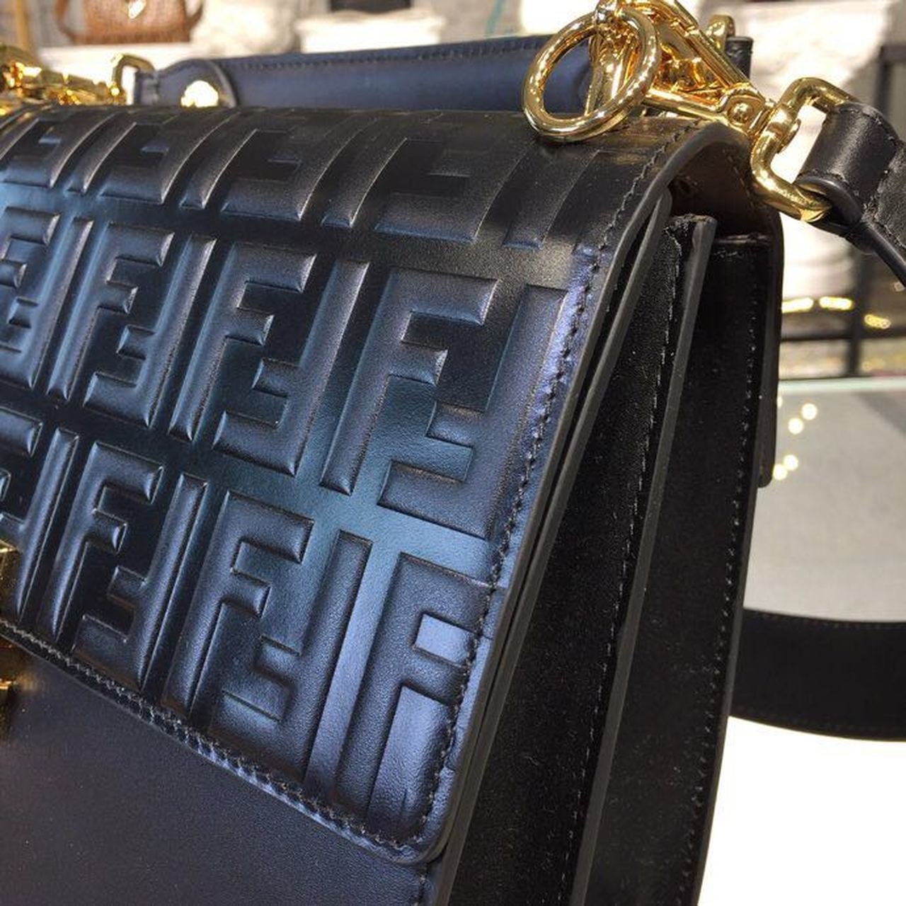 Fendi FF Embossed Kan I Bag 25cm Calfskin Leather Pre-Fall Collection, Black