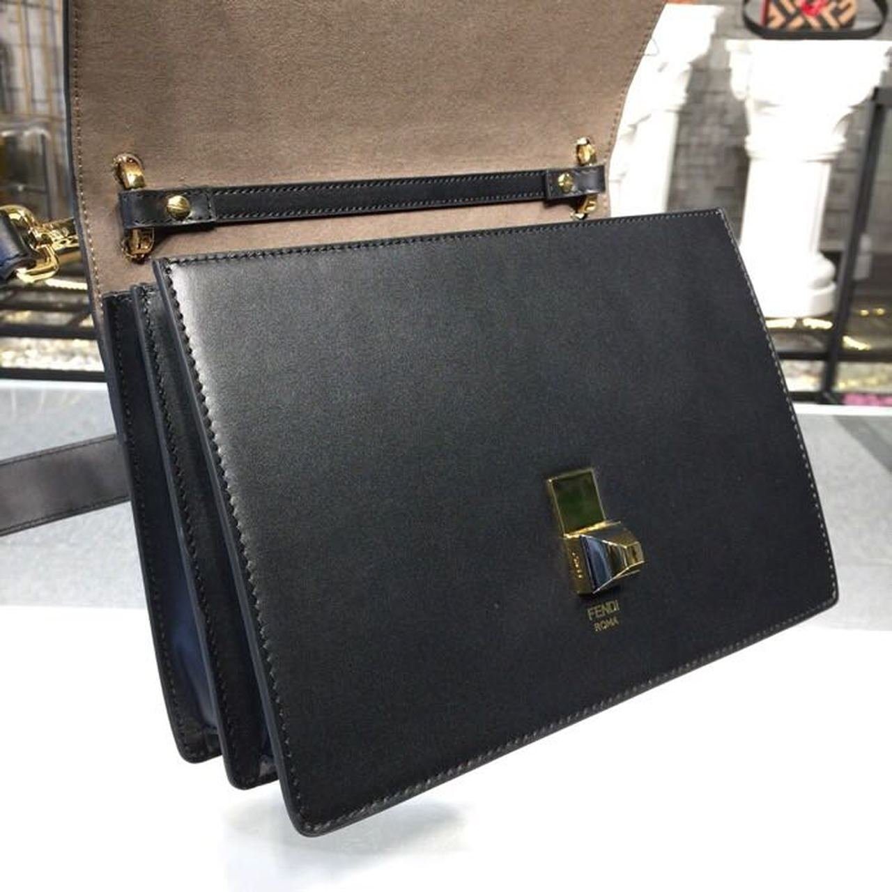 Fendi FF Embossed Kan I Bag 25cm Calfskin Leather Pre-Fall Collection, Black