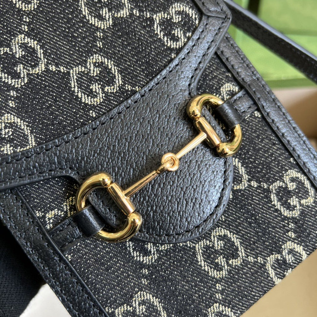 Gucci Horsebit 1955 Mini Bag Black And Ivory GG Denim Jacquard For Women 6.7in/17cm