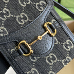 Gucci Horsebit 1955 Mini Bag Black And Ivory GG Denim Jacquard For Women 6.7in/17cm