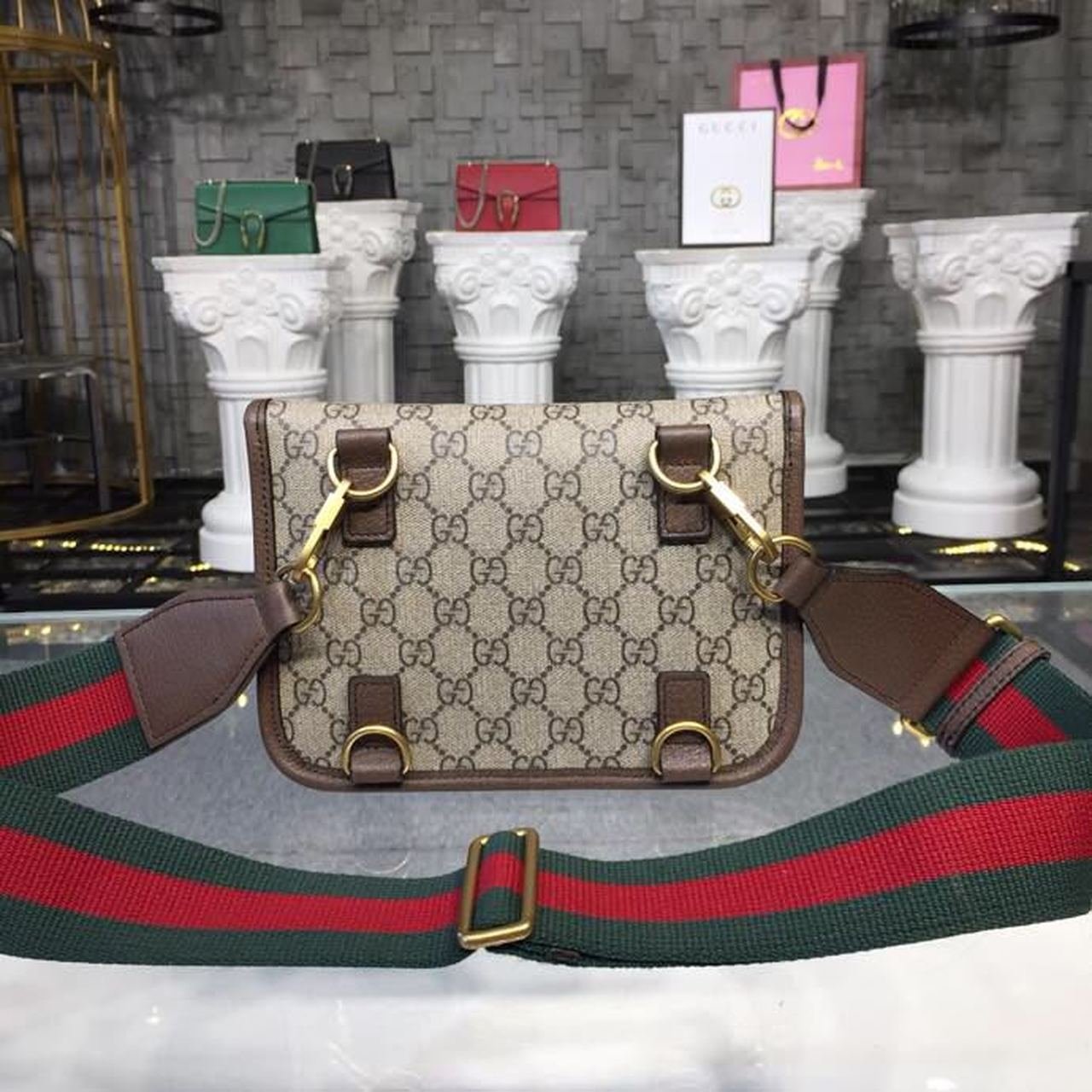 Gucci Neo Vintage Small Messenger Bag Beige/Ebony GG Supreme Canvas With Brown For Women 8.5in/22cm