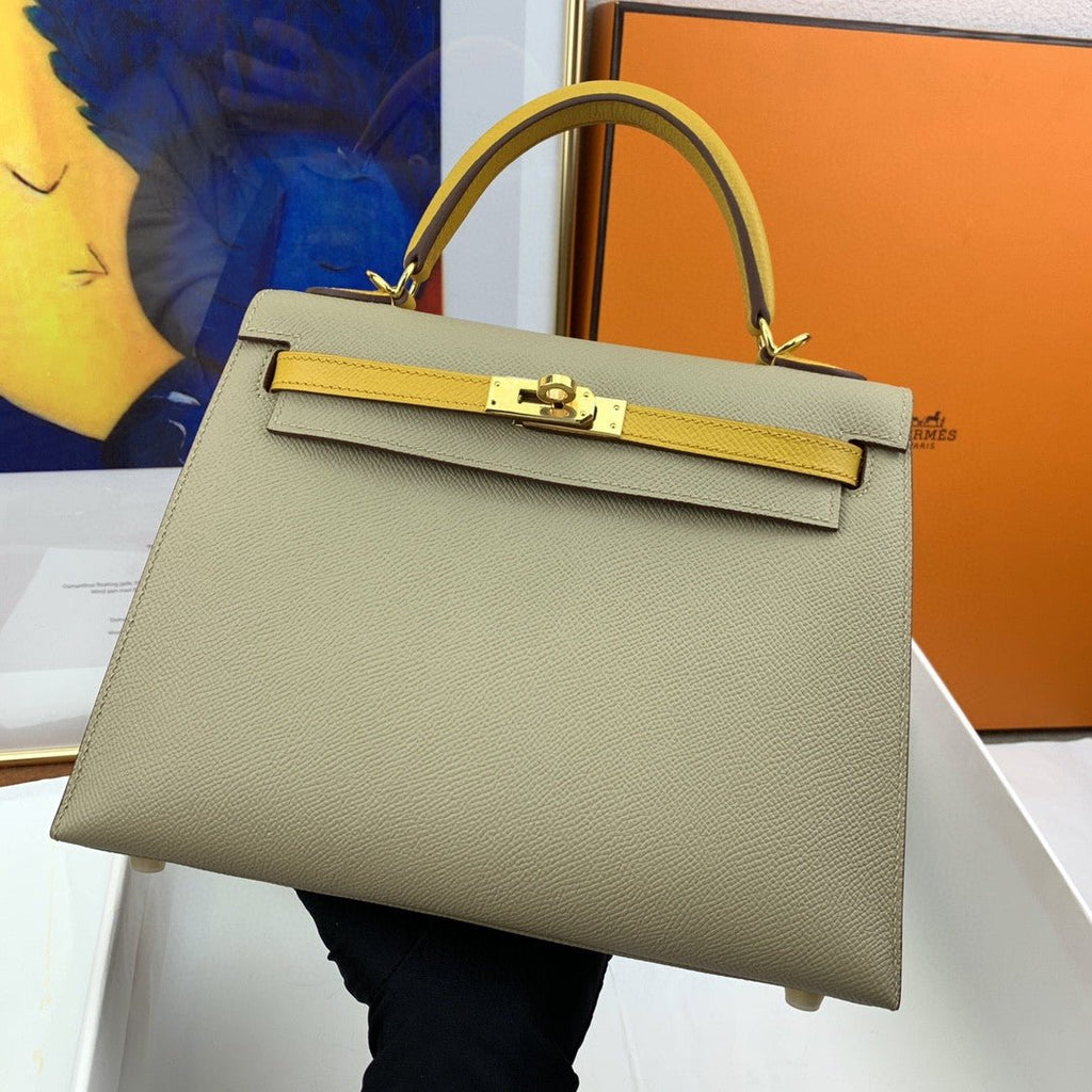 Hermes Kelly 25 Sellier Epsom Greige/Yellow Bag For Women, Women’s Handbags, Shoulder Bags 10in/25cm