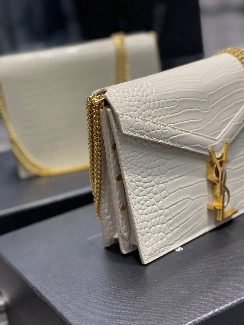 Saint Laurent Cassandra Medium Chain Bag In Grain De Poudre Embossed 22cm Beige