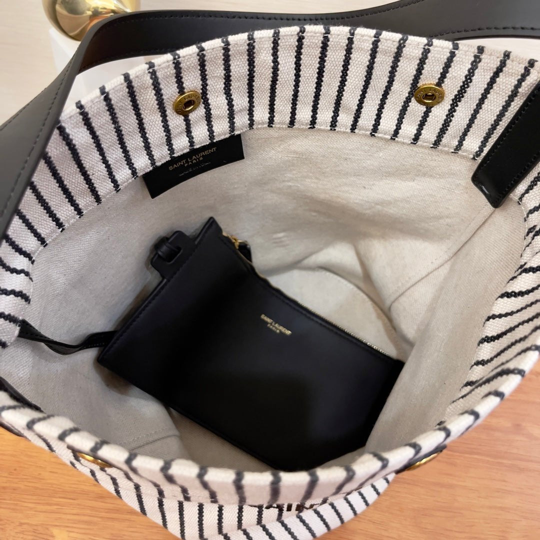 Saint Laurent Rive Gauche Bucket Bag In Striped Canvas For Women 30cm Black And White YSL 669299FAAE59583