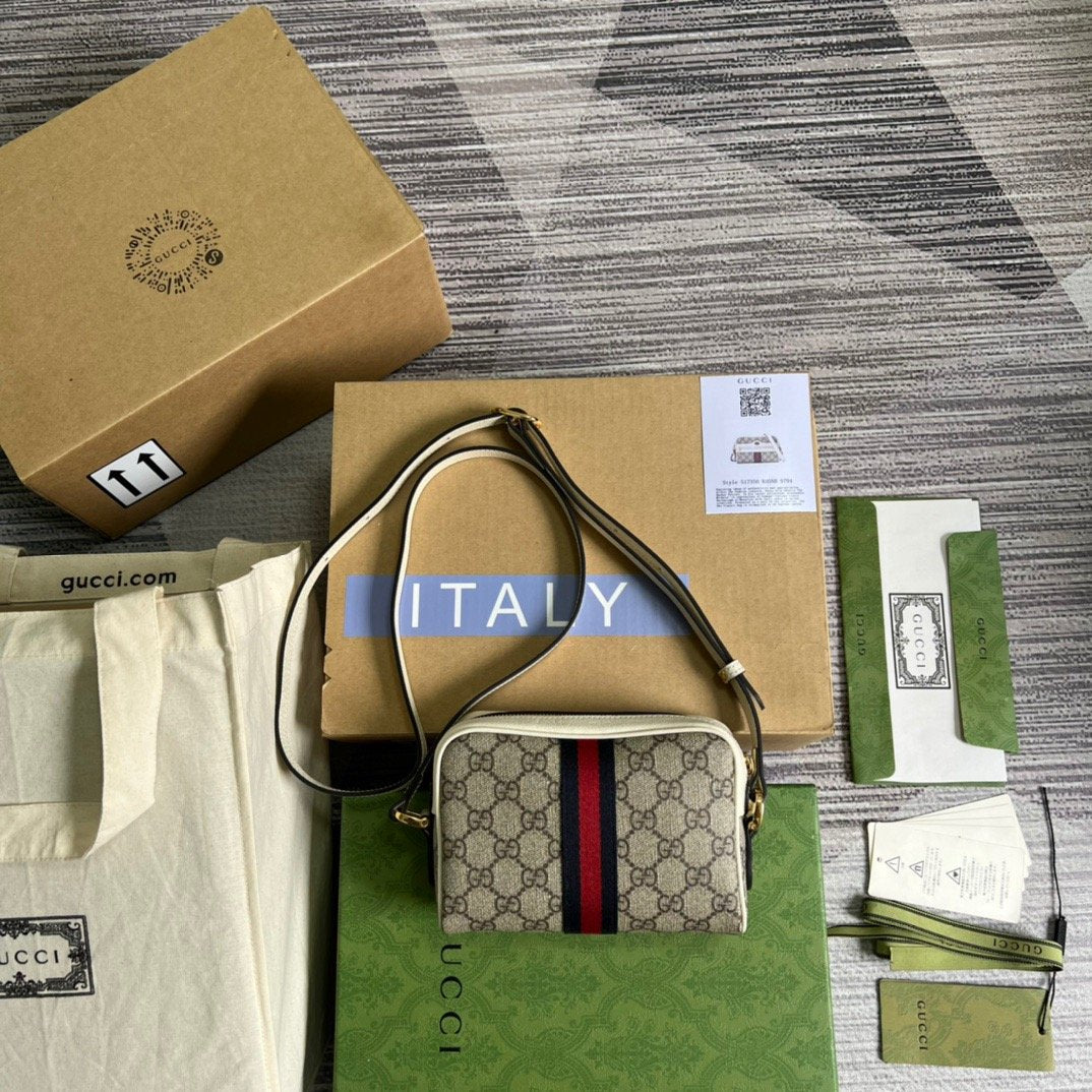 Gucci Ophidia Mini GG Bag Beige And Ebony GG Supreme Canvas, With White For Women 7in/17.5cm