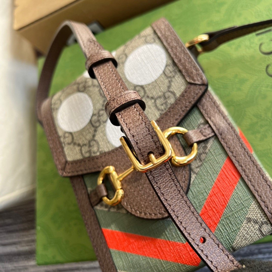 Gucci Horsebit 1955 Mini Bag Beige And Ebony GG Supreme Canvas With Geometric Print For Women 6.7in/17cm