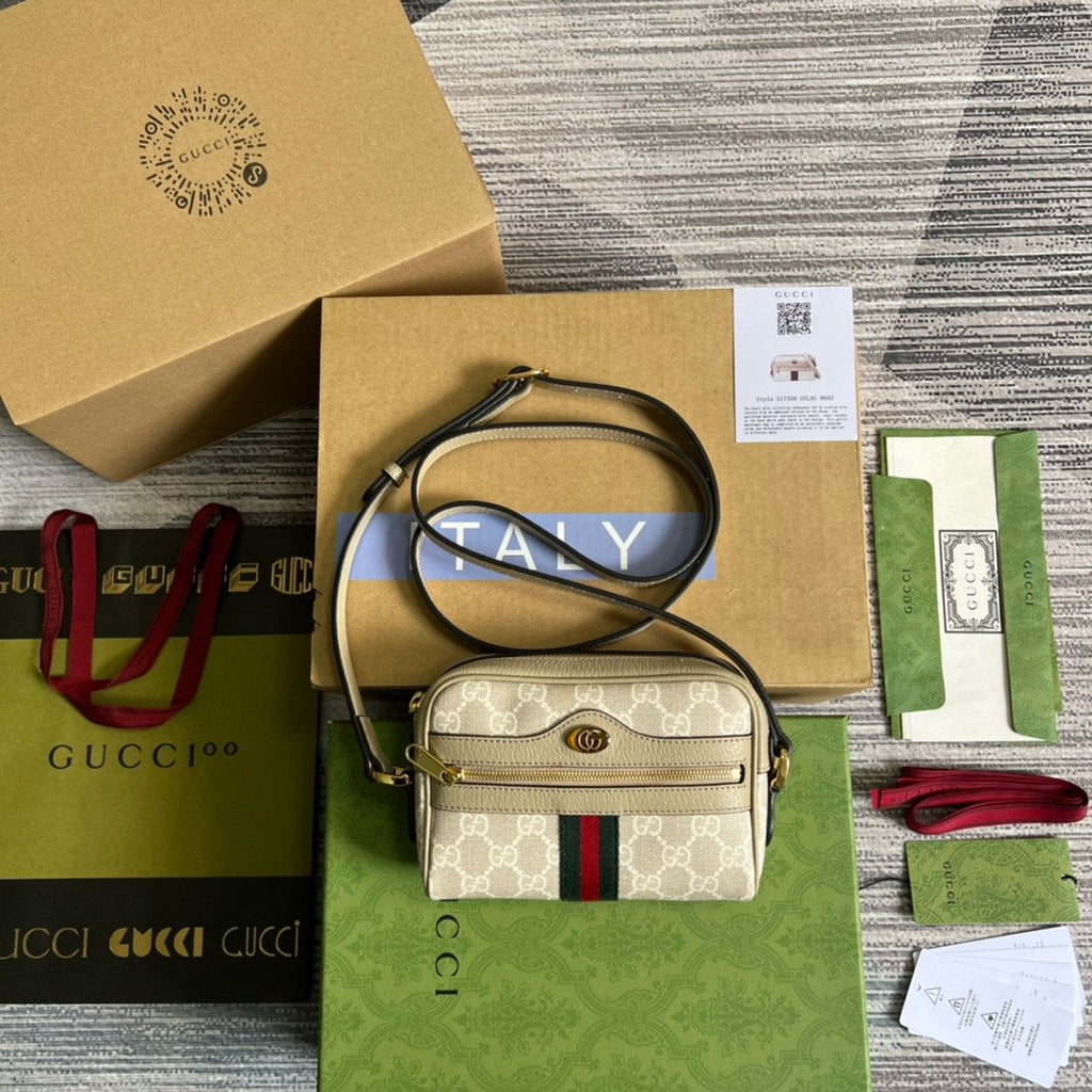 Gucci Ophidia Mini GG Bag Beige And Ebony GG Supreme Canvas, With Beige For Women 7in/17.5cm