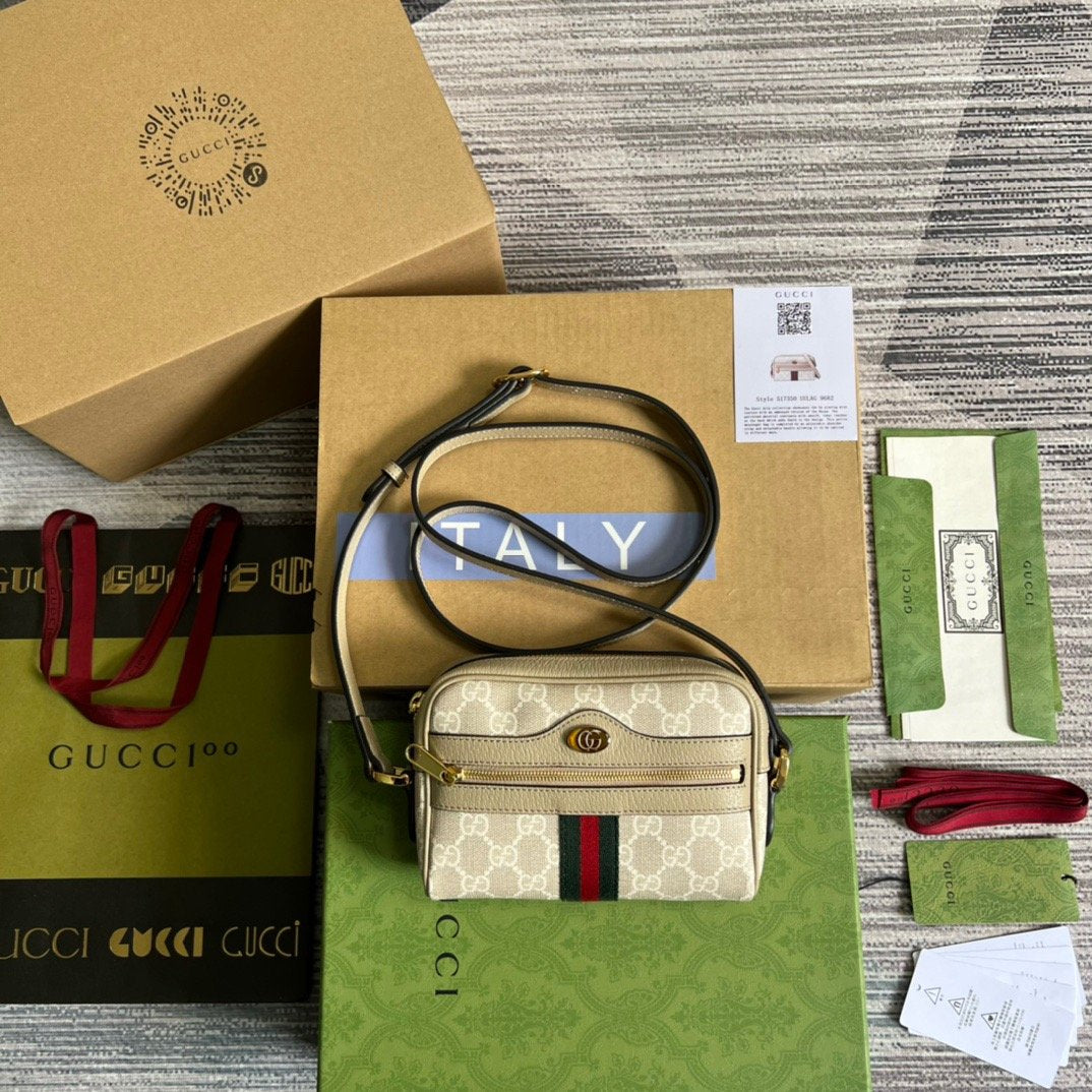 Gucci Ophidia Mini GG Bag Beige And Ebony GG Supreme Canvas, With Beige For Women 7in/17.5cm
