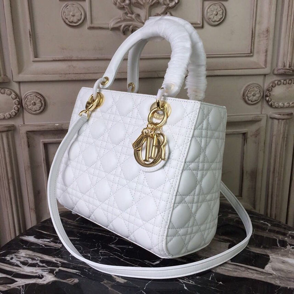 Christian Dior Lady Dior Bag 24cm Gold Hardware Lambskin Leather Spring/Summer Collection White