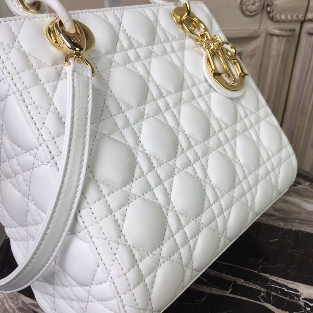 Christian Dior Lady Dior Bag 24cm Gold Hardware Lambskin Leather Spring/Summer Collection White