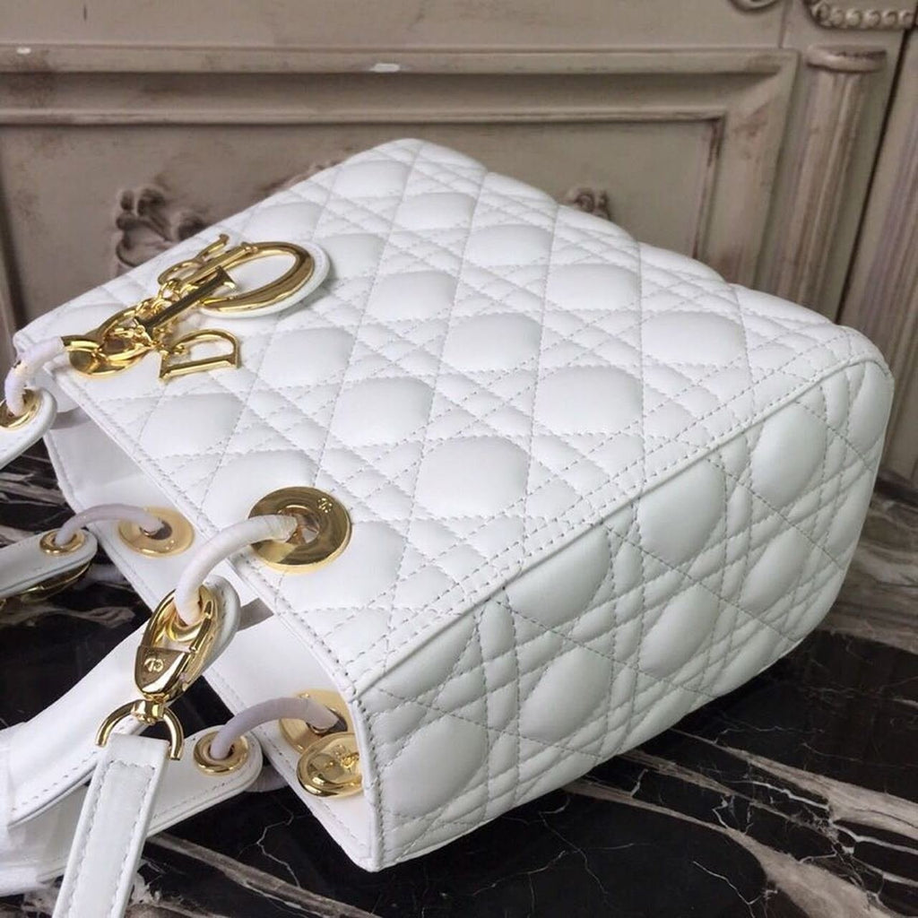 Christian Dior Lady Dior Bag 24cm Gold Hardware Lambskin Leather Spring/Summer Collection White
