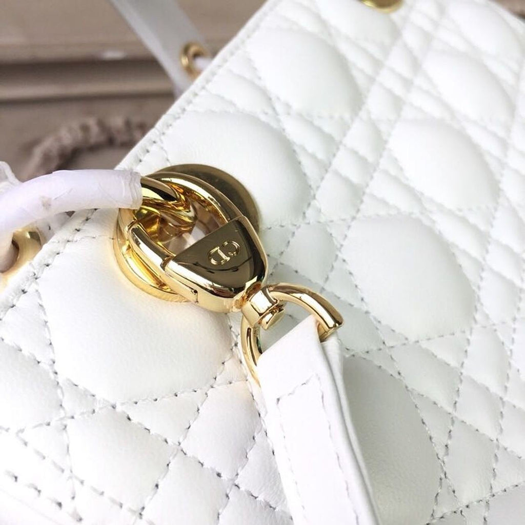Christian Dior Lady Dior Bag 24cm Gold Hardware Lambskin Leather Spring/Summer Collection White