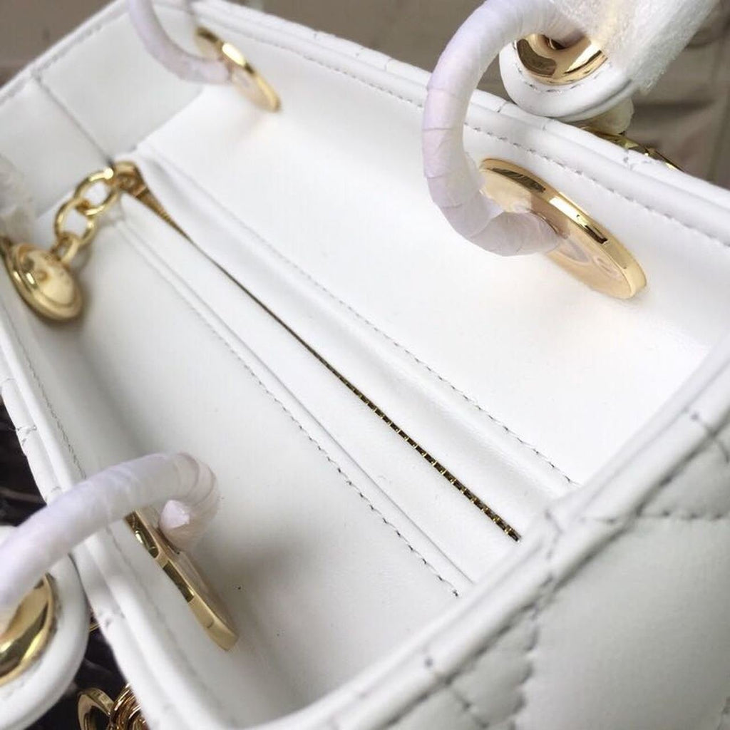 Christian Dior Lady Dior Bag 24cm Gold Hardware Lambskin Leather Spring/Summer Collection White