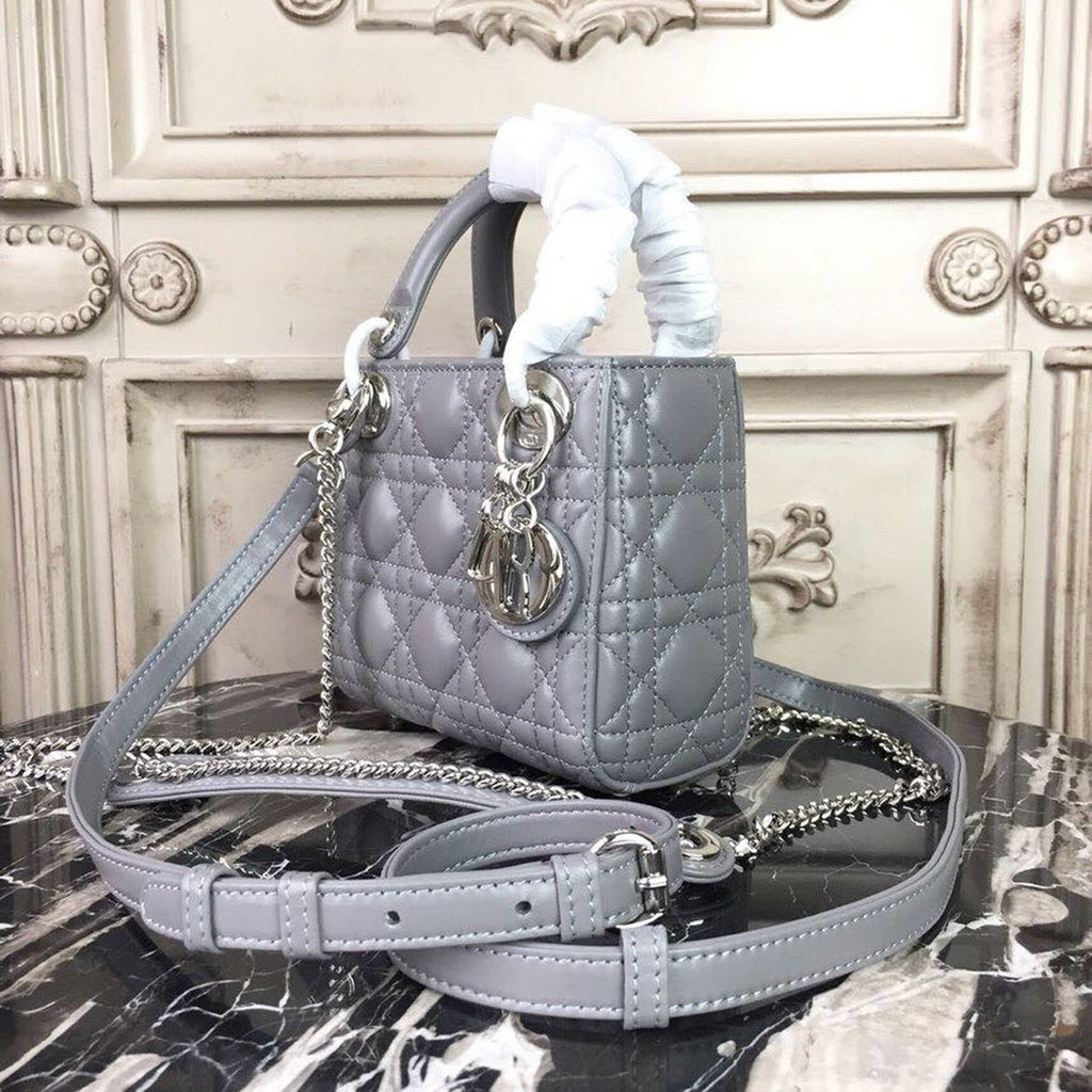 Christian Dior Mini Lady Dior Bag 18cm with Chain Silver Hardware Lambskin Leather Spring/Summer Collection, Grey