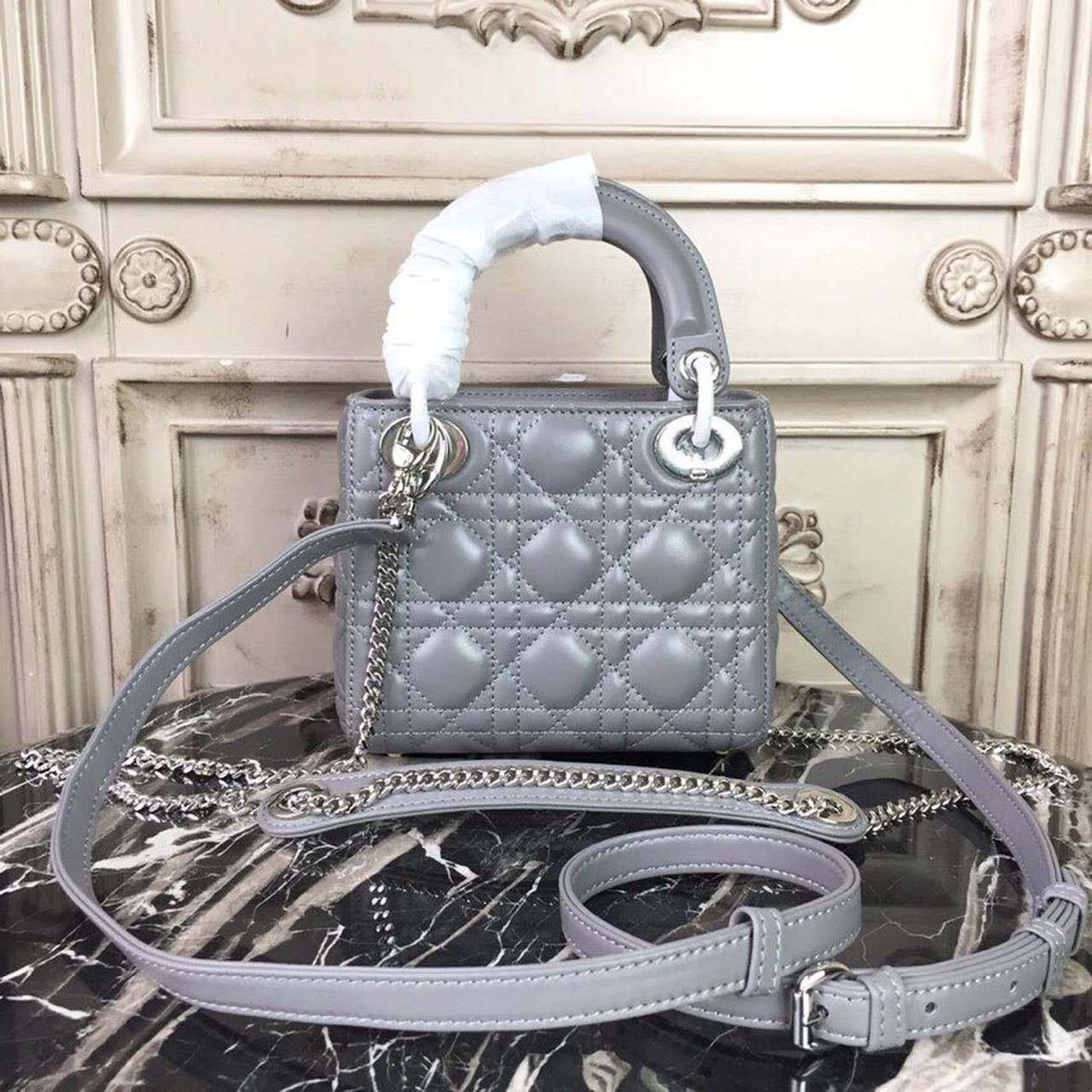 Christian Dior Mini Lady Dior Bag 18cm with Chain Silver Hardware Lambskin Leather Spring/Summer Collection, Grey