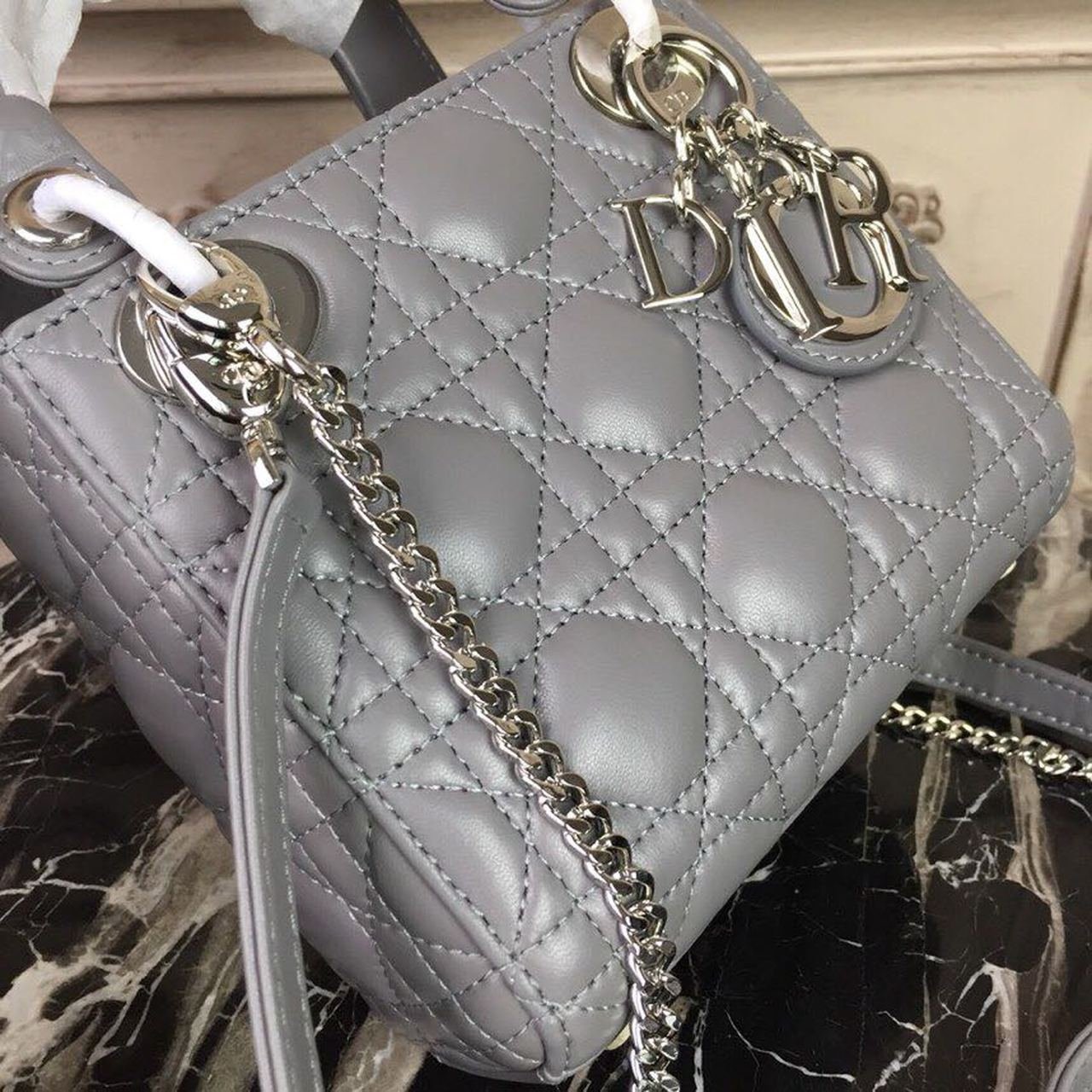 Christian Dior Mini Lady Dior Bag 18cm with Chain Silver Hardware Lambskin Leather Spring/Summer Collection, Grey