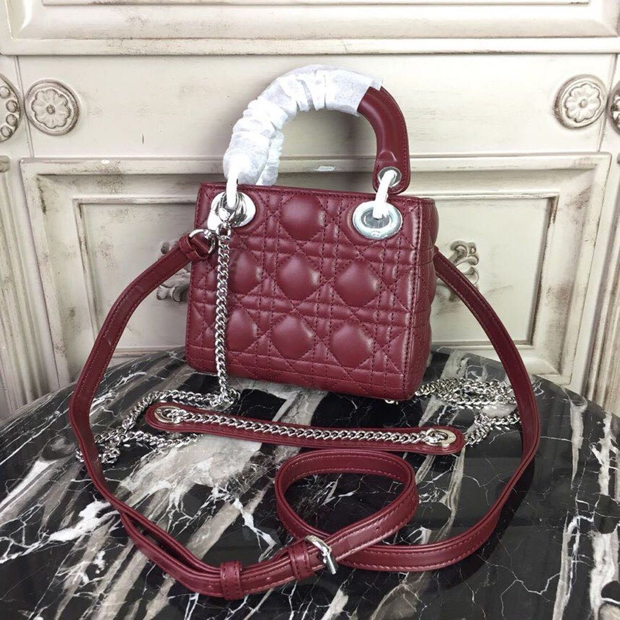 Christian Dior Mini Lady Dior Bag 18cm with Chain Silver Hardware Lambskin Leather Spring/Summer Collection, Burgundy