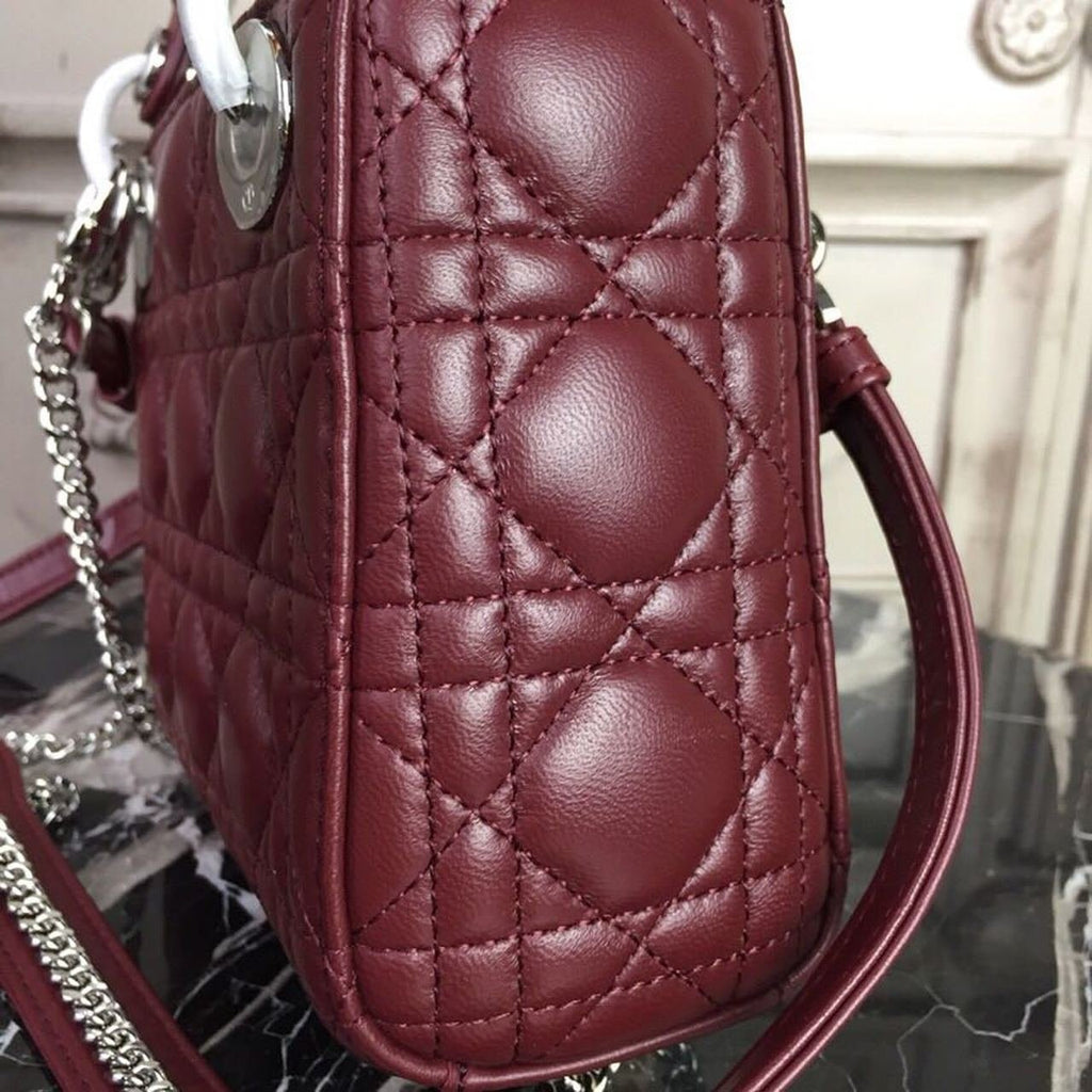 Christian Dior Mini Lady Dior Bag 18cm with Chain Silver Hardware Lambskin Leather Spring/Summer Collection, Burgundy