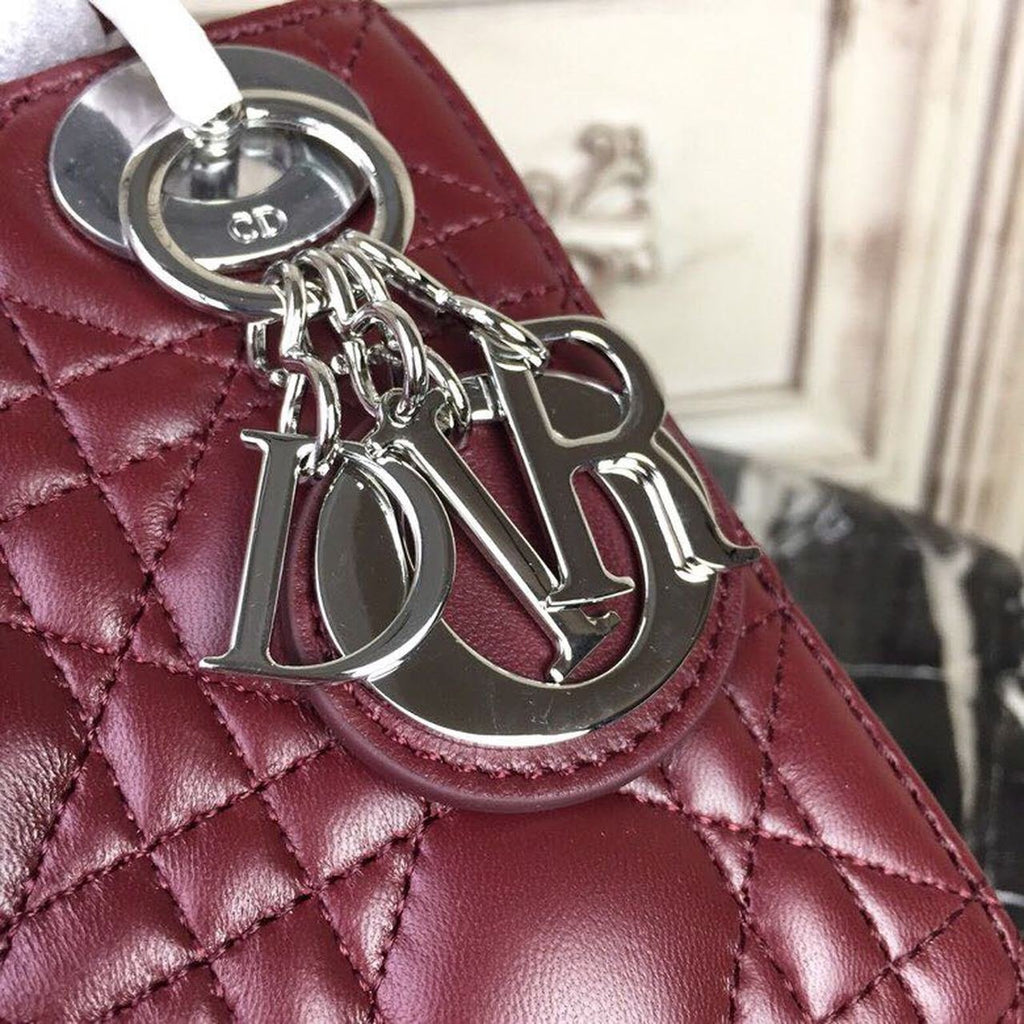 Christian Dior Mini Lady Dior Bag 18cm with Chain Silver Hardware Lambskin Leather Spring/Summer Collection, Burgundy