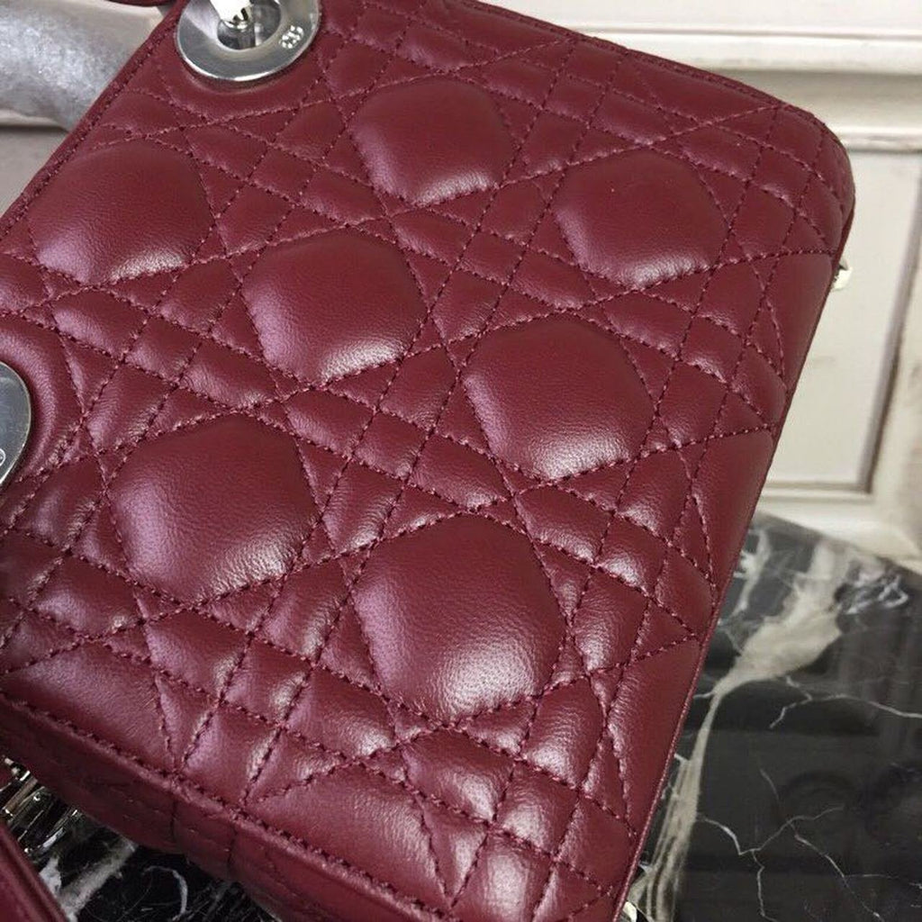 Christian Dior Mini Lady Dior Bag 18cm with Chain Silver Hardware Lambskin Leather Spring/Summer Collection, Burgundy