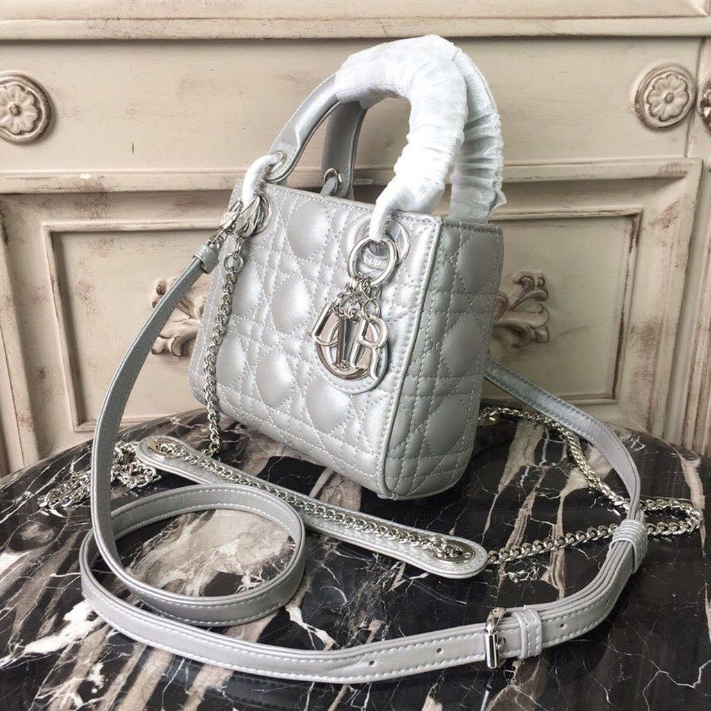 Christian Dior Mini Lady Dior Bag 18cm with Chain Silver Hardware Lambskin Leather Spring/Summer Collection, Pearl Gold